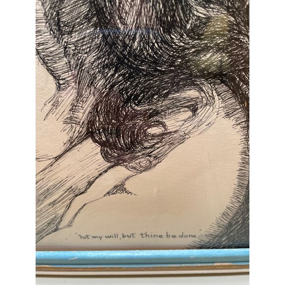 Vintage Framed Jesus Christ Sketch Art With Quote "Not My Will But Thine Be Done - Picture 3 of 8